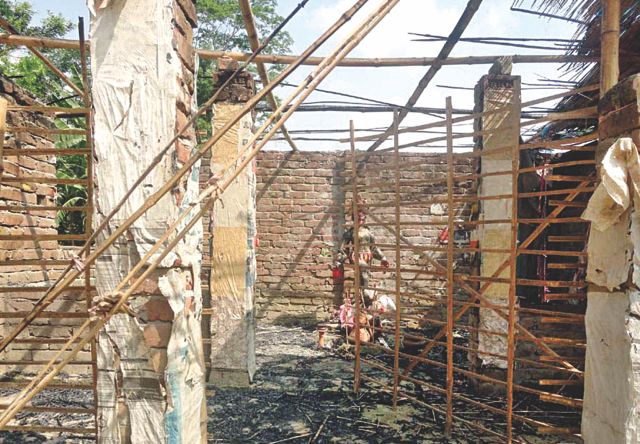 200 year-old Kali temple in Rajoir upazila of Madaripur in ruins after it was burned down by fanatics on Thursday. Photo: Star