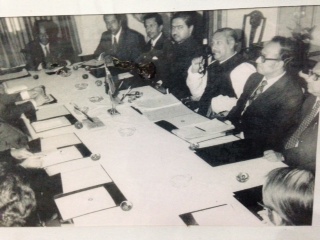 Kamal Hossain sitting next to Sheikh Mujib during bilateral country meeting.